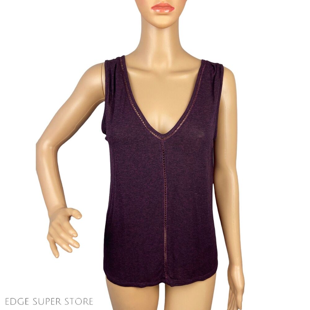 Ella Moss Dark Purple Plum VNeck Lace Trim Sleeveless Tank Top Size Xsmall
